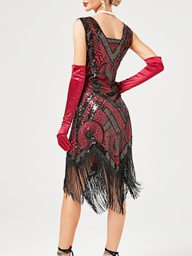 Women‘s Halloween Dress Retro Elegant Vintage Dress Midi Dress Party Sequins Tassel Fringe Geometric V Neck Sleeveless Regular Fit Summer Spring Black Red XS S M L