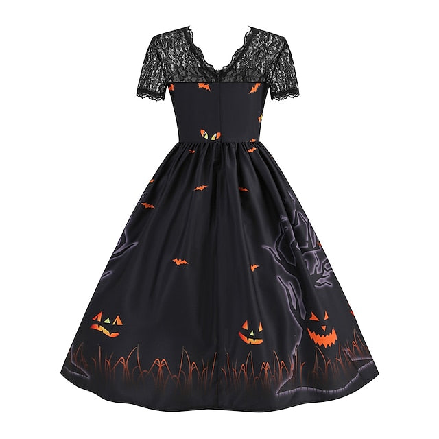 Women‘s Halloween Dress Retro 1950s Vintage Dress Midi Dress Holiday Lace Patchwork Graphic V Neck Short Sleeve Regular Fit Spring Fall Red Orange S M L XL