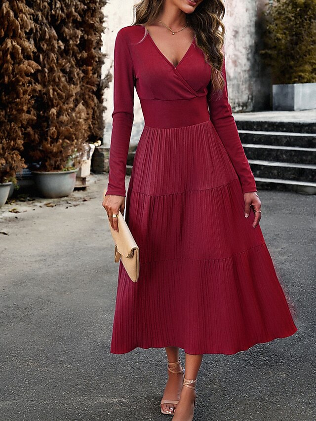 Women's Casual Dress Black Dress Plain Dress Long Dress Maxi Dress Ruched Street Daily Holiday Fashion Streetwear V Neck Long Sleeve Slim Black Wine Green Color S M L XL Size