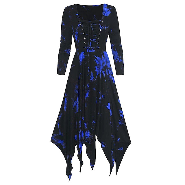 Women‘s Halloween Dress Retro 1950s Vintage Dress Midi Dress Halloween Daily Drawstring Print Tie Dye Crew Neck 3/4 Length Sleeve Regular Fit Spring Fall Red Blue S M L XL