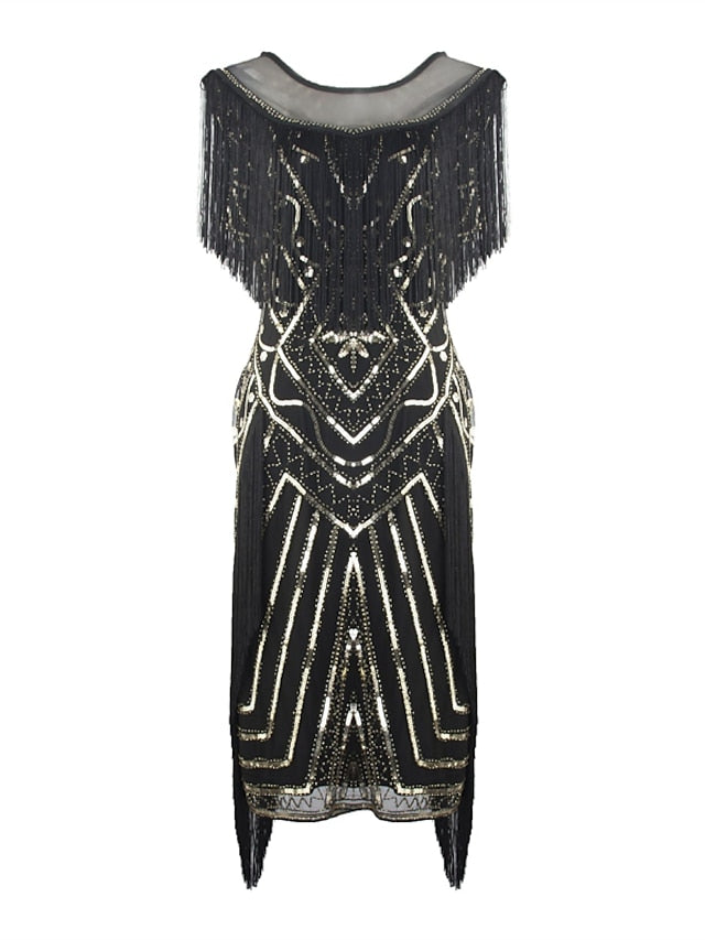 Women‘s Halloween Dress Party Dress Fringe Dress Sequin Dress Midi Dress Green Black Gold Short Sleeve Striped Sequins Spring Fall Crew Neck 1920s Party Style M L XL XXL 3XL