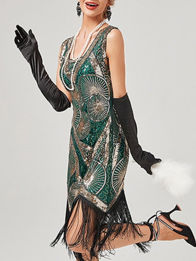 Women‘s Halloween Dress Retro Elegant Vintage Dress Midi Dress Party Sequins Tassel Fringe Geometric V Neck Sleeveless Regular Fit Summer Spring Black Red XS S M L