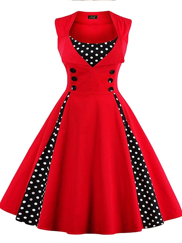 Women‘s Halloween Dress Retro 1950s Vintage Dress Midi Dress Party Button Print Floral V Neck Sleeveless Regular Fit Summer Spring claret Red black S M L XL