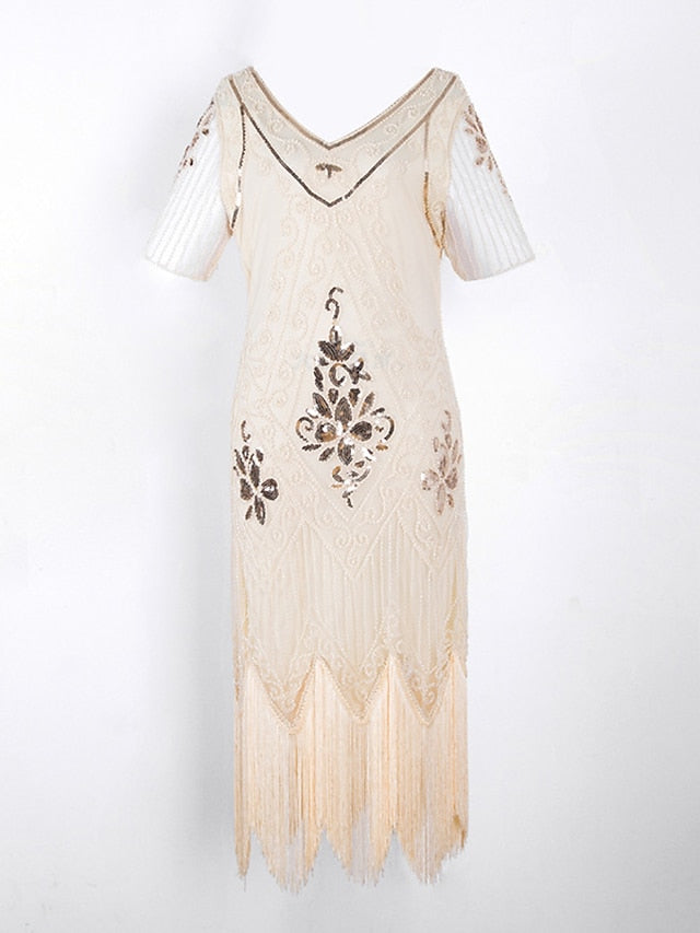 Women‘s Halloween Dress Retro 1920s Fringe Dress Midi Dress Party Outdoor Sequins Tassel Fringe Floral V Neck Short Sleeve Regular Fit Summer Spring Black Golden S M L XL
