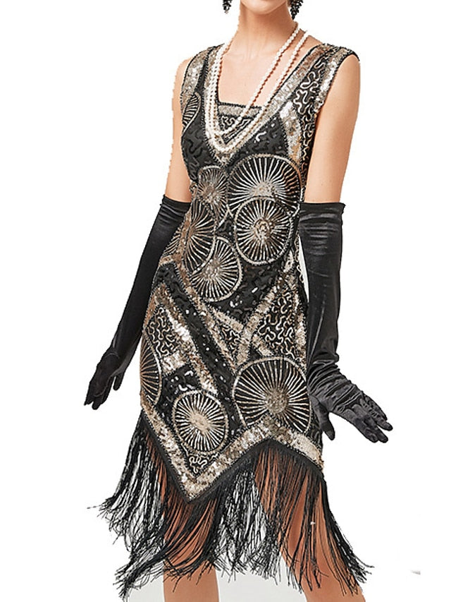 Women‘s Halloween Dress Retro Elegant Vintage Dress Midi Dress Party Sequins Tassel Fringe Geometric V Neck Sleeveless Regular Fit Summer Spring Black Red XS S M L