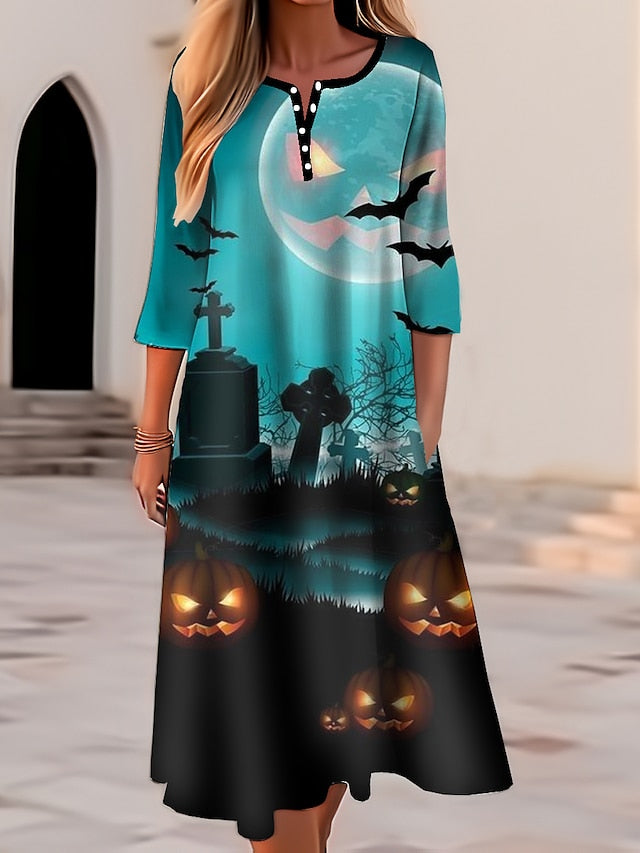 Women‘s Halloween Dress Casual Dress Print Dress Spring Dress Graphic Button Pocket Crew Neck Midi Dress Fashion Streetwear Outdoor Long Sleeve Regular Fit Yellow Navy Blue Royal Blue