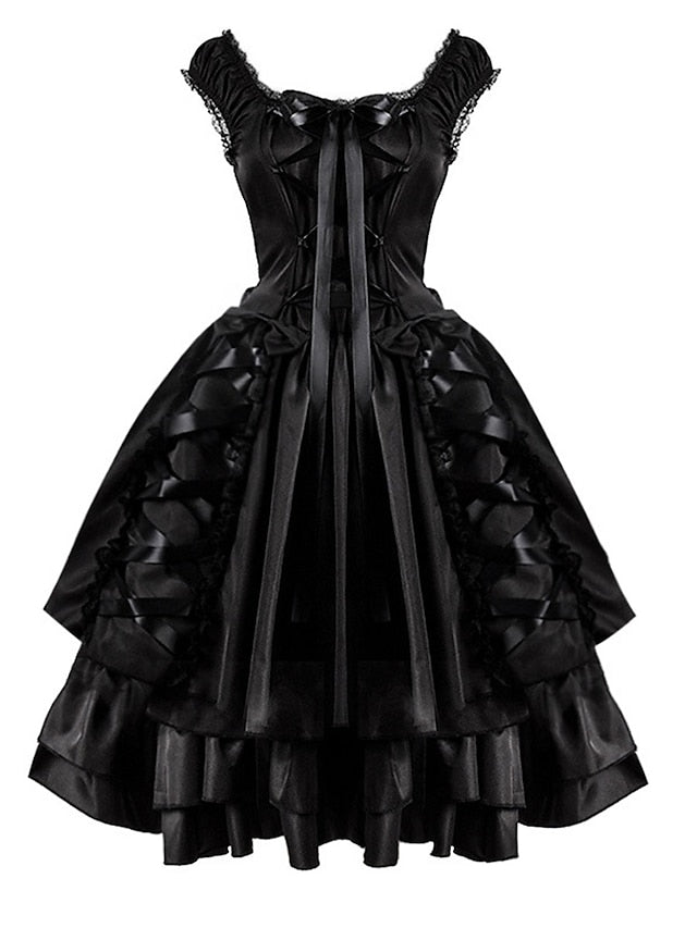 Women‘s Halloween Dress Retro Gothic Vintage Dress Midi Dress Party Outdoor Lace up Drawstring Plain Square Neck Sleeveless Loose Fit Summer Spring Black S M L XL