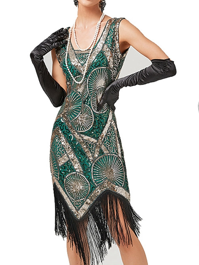 Women‘s Halloween Dress Retro Elegant Vintage Dress Midi Dress Party Sequins Tassel Fringe Geometric V Neck Sleeveless Regular Fit Summer Spring Black Red XS S M L