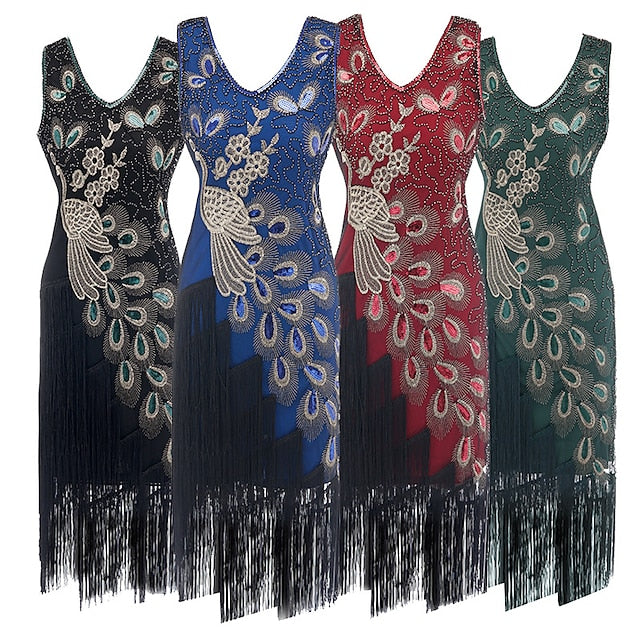 Women's Retro 1920s Fringe Dress Midi Dress Party Holiday Sequins Tassel Fringe Animal V Neck Sleeveless Regular Fit Spring Fall Black Red S M L XL