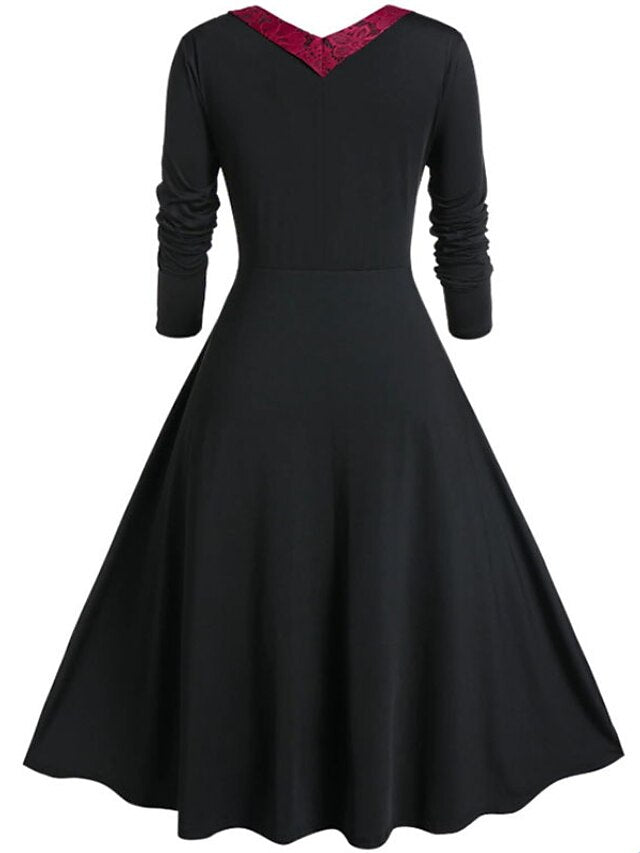 Women‘s Halloween Dress A Line Dress Midi Dress Red Purple Green Long Sleeve Color Block Lace Fall Winter Autumn V Neck Vintage Winter Dress Fall Dress L XL XXL 4XL 5XL
