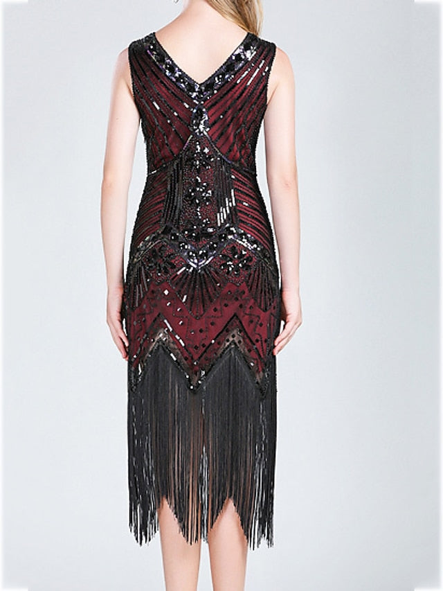 Women‘s Halloween Dress Retro 1920s Fringe Dress Midi Dress Party Outdoor Sequins Tassel Fringe Plain V Neck Sleeveless Regular Fit Summer Spring claret Black S M L XL