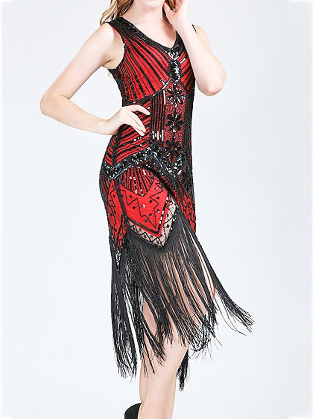 Women‘s Halloween Dress Retro 1920s Fringe Dress Midi Dress Party Outdoor Sequins Tassel Fringe Plain V Neck Sleeveless Regular Fit Summer Spring claret Black S M L XL