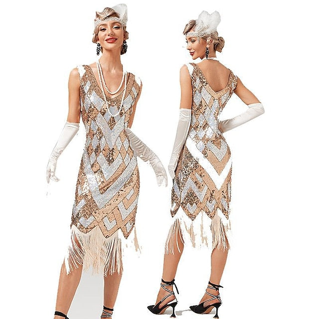 Women's Retro 1920s Fringe Dress Midi Dress Party Holiday Sequins Tassel Fringe Geometric V Neck Sleeveless Regular Fit Spring Fall Silver Black XS S M L