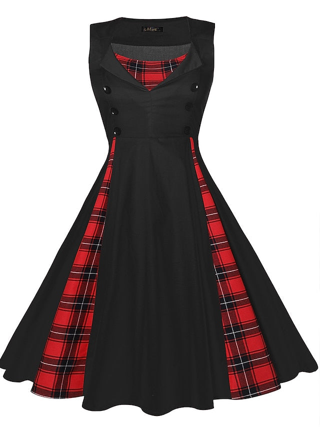 Women‘s Halloween Dress Retro 1950s Vintage Dress Midi Dress Party Button Print Floral V Neck Sleeveless Regular Fit Summer Spring claret Red black S M L XL