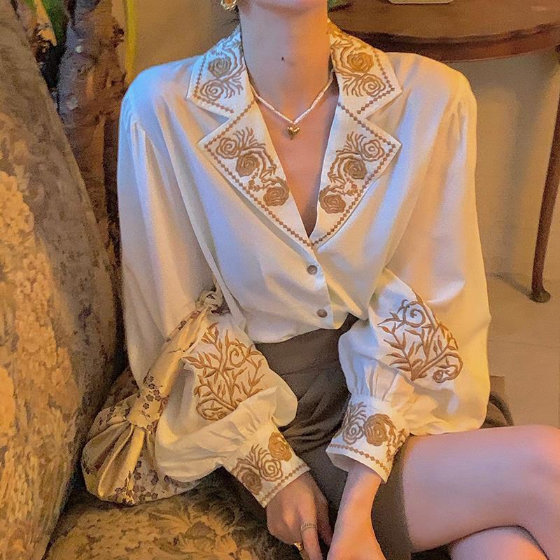-Fall Outfits Long Sleeve Top Blouse Women Elegant Vintage Shirt Embroidered Floral Top Long Sleeve Korean Office Ladies Plus Size Luxury Designer Queen