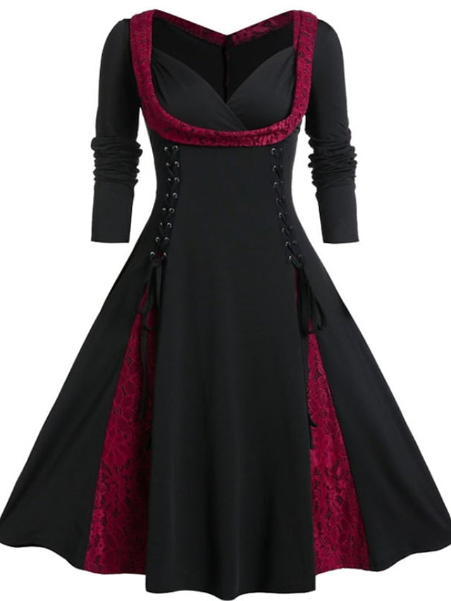 Women‘s Halloween Dress A Line Dress Midi Dress Red Purple Green Long Sleeve Color Block Lace Fall Winter Autumn V Neck Vintage Winter Dress Fall Dress L XL XXL 4XL 5XL