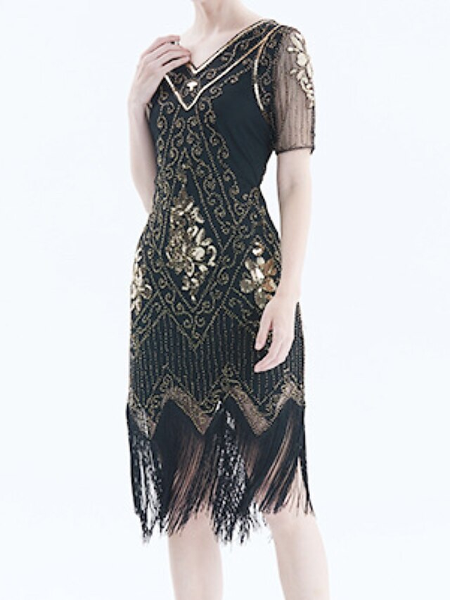 Women‘s Halloween Dress Retro 1920s Fringe Dress Midi Dress Party Outdoor Sequins Tassel Fringe Floral V Neck Short Sleeve Regular Fit Summer Spring Black Golden S M L XL