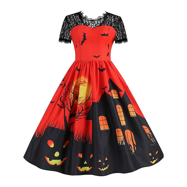 Women‘s Halloween Dress Retro 1950s Vintage Dress Midi Dress Holiday Lace Patchwork Graphic V Neck Short Sleeve Regular Fit Spring Fall Red Orange S M L XL