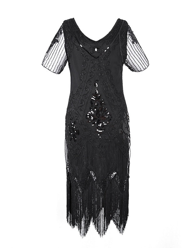 Women‘s Halloween Dress Retro 1920s Fringe Dress Midi Dress Party Outdoor Sequins Tassel Fringe Floral V Neck Short Sleeve Regular Fit Summer Spring Black Golden S M L XL