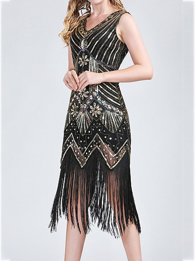 Women‘s Halloween Dress Retro 1920s Fringe Dress Midi Dress Party Outdoor Sequins Tassel Fringe Plain V Neck Sleeveless Regular Fit Summer Spring claret Black S M L XL