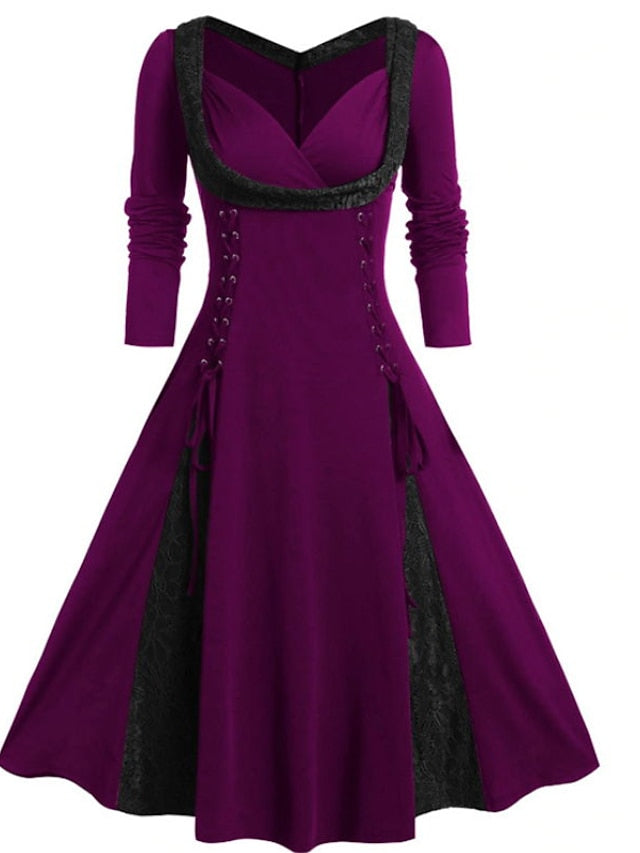 Women‘s Halloween Dress A Line Dress Midi Dress Red Purple Green Long Sleeve Color Block Lace Fall Winter Autumn V Neck Vintage Winter Dress Fall Dress L XL XXL 4XL 5XL