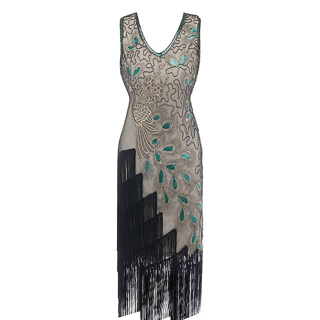 Women's Retro 1920s Fringe Dress Midi Dress Party Holiday Sequins Tassel Fringe Animal V Neck Sleeveless Regular Fit Spring Fall Black Red S M L XL