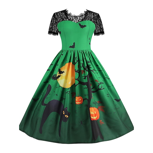 Women‘s Halloween Dress Retro 1950s Vintage Dress Midi Dress Holiday Lace Patchwork Graphic V Neck Short Sleeve Regular Fit Spring Fall Red Orange S M L XL