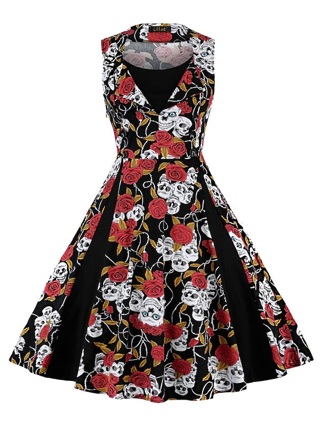 Women‘s Halloween Dress Retro 1950s Vintage Dress Midi Dress Party Button Print Floral V Neck Sleeveless Regular Fit Summer Spring claret Red black S M L XL