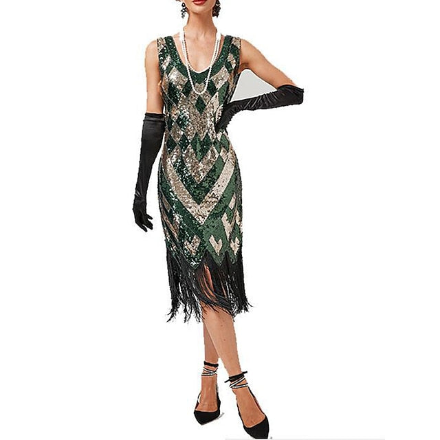 Women's Retro 1920s Fringe Dress Midi Dress Party Holiday Sequins Tassel Fringe Geometric V Neck Sleeveless Regular Fit Spring Fall Silver Black XS S M L