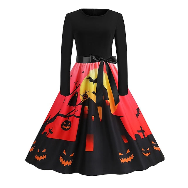 Women‘s Halloween Dress Retro 1950s Vintage Dress Midi Dress Holiday With Belt Bow Graphic Crew Neck Long Sleeve Regular Fit Spring Fall Pink Red S M L XL