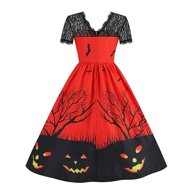 Women‘s Halloween Dress Retro 1950s Vintage Dress Midi Dress Holiday Lace Patchwork Graphic V Neck Short Sleeve Regular Fit Spring Fall Red Orange S M L XL