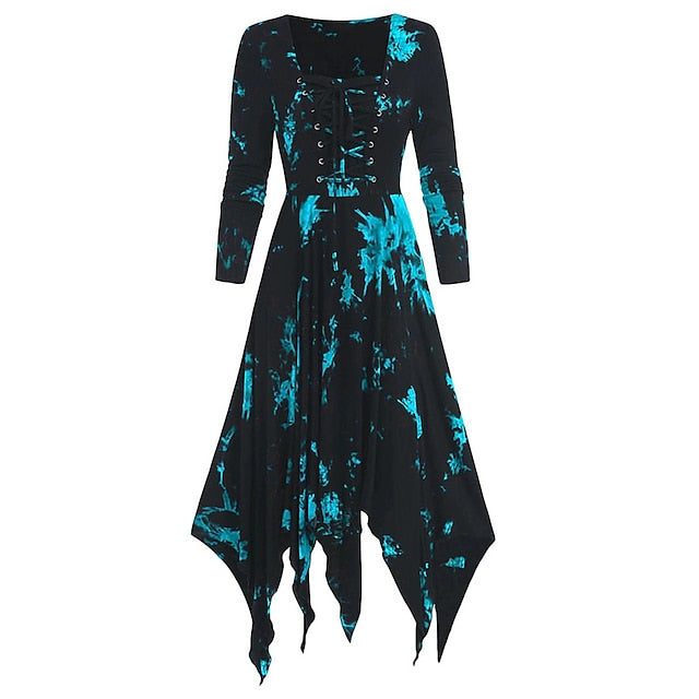 Women‘s Halloween Dress Retro 1950s Vintage Dress Midi Dress Halloween Daily Drawstring Print Tie Dye Crew Neck 3/4 Length Sleeve Regular Fit Spring Fall Red Blue S M L XL
