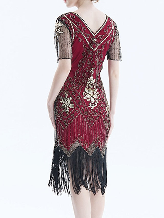 Women‘s Halloween Dress Retro 1920s Fringe Dress Midi Dress Party Outdoor Sequins Tassel Fringe Floral V Neck Short Sleeve Regular Fit Summer Spring Black Golden S M L XL