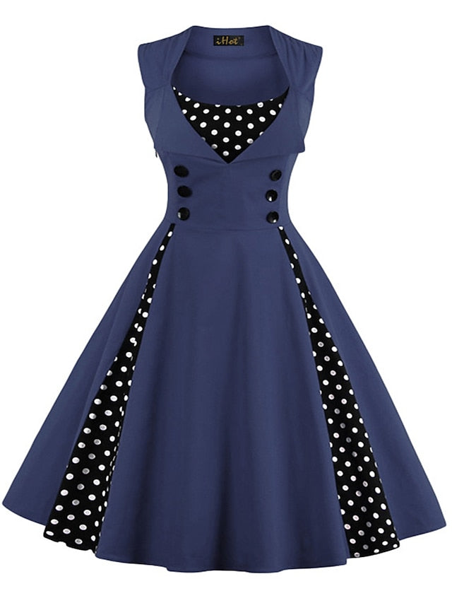 Women‘s Halloween Dress Retro 1950s Vintage Dress Midi Dress Party Button Print Floral V Neck Sleeveless Regular Fit Summer Spring claret Red black S M L XL