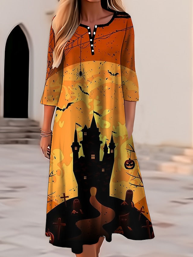 Women‘s Halloween Dress Casual Dress Print Dress Spring Dress Graphic Button Pocket Crew Neck Midi Dress Fashion Streetwear Outdoor Long Sleeve Regular Fit Yellow Navy Blue Royal Blue