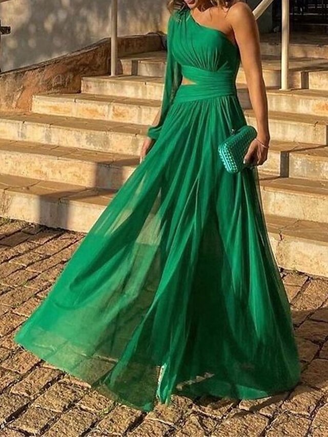 Women's Prom Dress Party Dress Cut Out Dress Long Dress Maxi Dress Green Long Sleeve Pure Color Backless Spring Fall Winter One Shoulder Fashion Birthday Evening Party Wedding Guest S M L XL