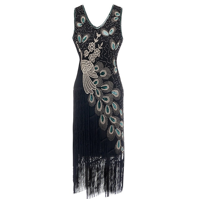 Women's Retro 1920s Fringe Dress Midi Dress Party Holiday Sequins Tassel Fringe Animal V Neck Sleeveless Regular Fit Spring Fall Black Red S M L XL