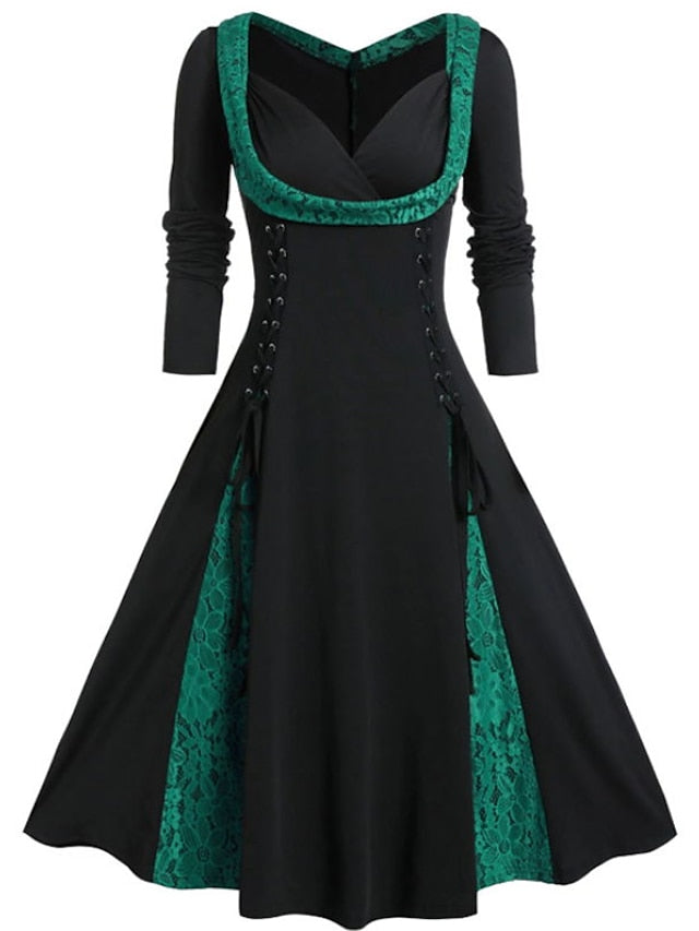 Women‘s Halloween Dress A Line Dress Midi Dress Red Purple Green Long Sleeve Color Block Lace Fall Winter Autumn V Neck Vintage Winter Dress Fall Dress L XL XXL 4XL 5XL