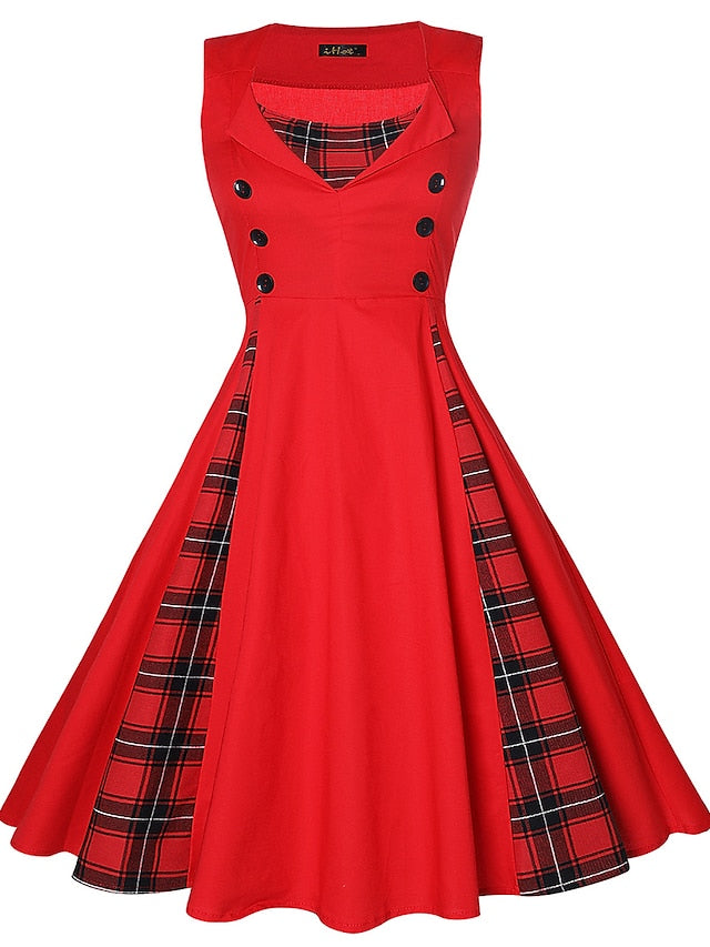 Women‘s Halloween Dress Retro 1950s Vintage Dress Midi Dress Party Button Print Floral V Neck Sleeveless Regular Fit Summer Spring claret Red black S M L XL