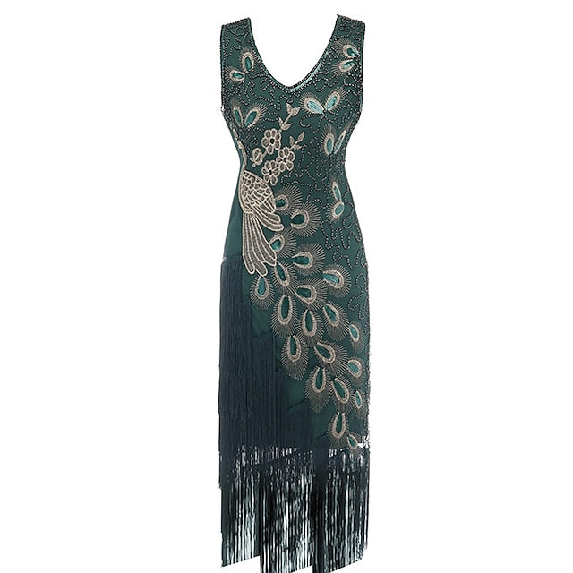 Women's Retro 1920s Fringe Dress Midi Dress Party Holiday Sequins Tassel Fringe Animal V Neck Sleeveless Regular Fit Spring Fall Black Red S M L XL