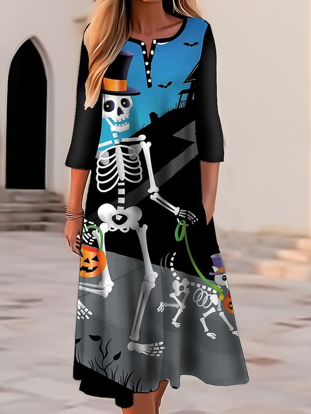 Women‘s Halloween Dress Casual Dress Print Dress Spring Dress Graphic Button Pocket Crew Neck Midi Dress Fashion Streetwear Outdoor Long Sleeve Regular Fit Yellow Navy Blue Royal Blue
