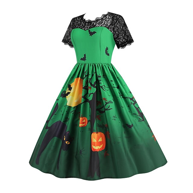 Women‘s Halloween Dress Retro 1950s Vintage Dress Midi Dress Holiday Lace Patchwork Graphic V Neck Short Sleeve Regular Fit Spring Fall Red Orange S M L XL