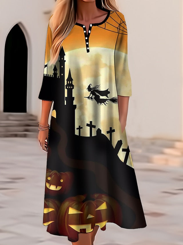 Women‘s Halloween Dress Casual Dress Print Dress Spring Dress Graphic Button Pocket Crew Neck Midi Dress Fashion Streetwear Outdoor Long Sleeve Regular Fit Yellow Navy Blue Royal Blue