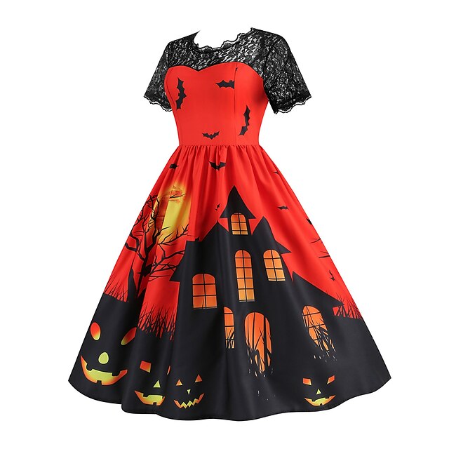 Women‘s Halloween Dress Retro 1950s Vintage Dress Midi Dress Holiday Lace Patchwork Graphic V Neck Short Sleeve Regular Fit Spring Fall Red Orange S M L XL