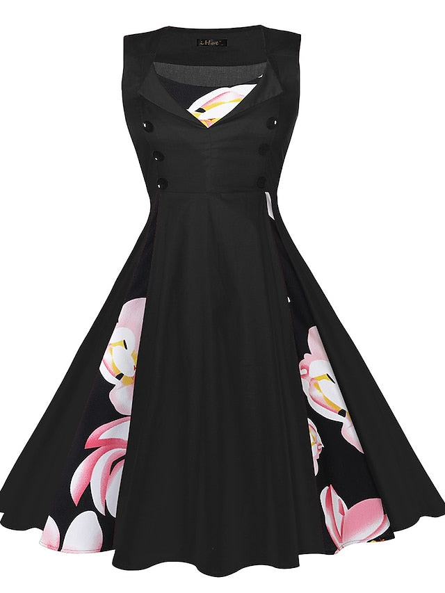 Women‘s Halloween Dress Retro 1950s Vintage Dress Midi Dress Party Button Print Floral V Neck Sleeveless Regular Fit Summer Spring claret Red black S M L XL