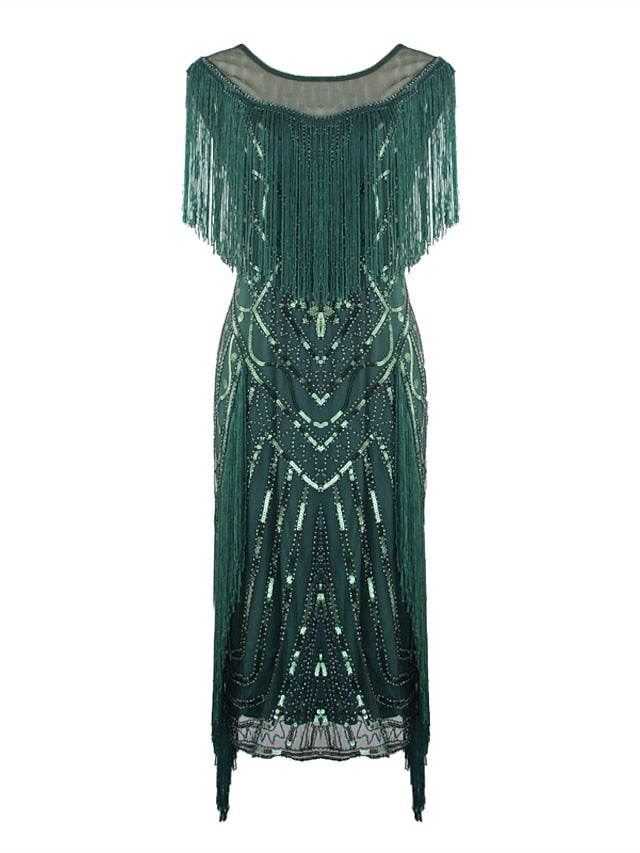Women‘s Halloween Dress Party Dress Fringe Dress Sequin Dress Midi Dress Green Black Gold Short Sleeve Striped Sequins Spring Fall Crew Neck 1920s Party Style M L XL XXL 3XL