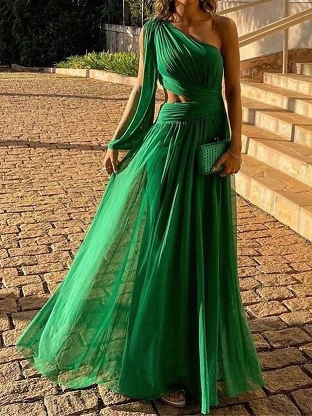 Women's Prom Dress Party Dress Cut Out Dress Long Dress Maxi Dress Green Long Sleeve Pure Color Backless Spring Fall Winter One Shoulder Fashion Birthday Evening Party Wedding Guest S M L XL