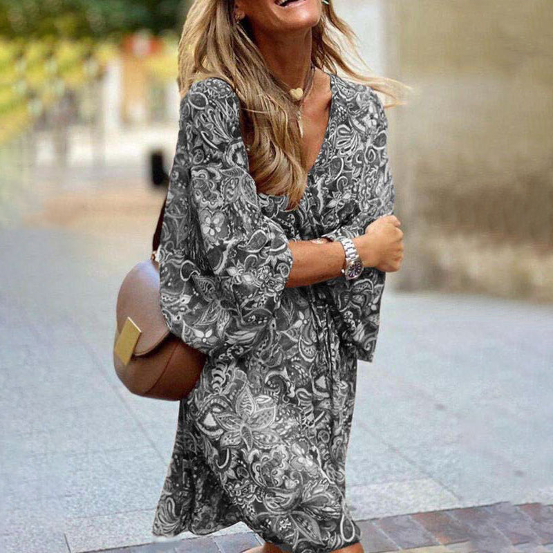 vmtvr - Boho Tribal Printed V Neck Long Sleeve Mini Dress