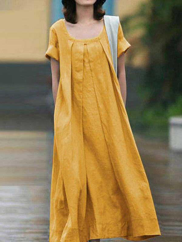 vmtvr - Simple Solid Color U-Neck Pleated Short Sleeves Maxi Dress