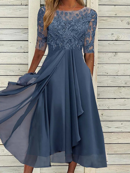 vmtvr - Round Neck Lace Swing Elegant Occasion Formal Midi Prom Dress